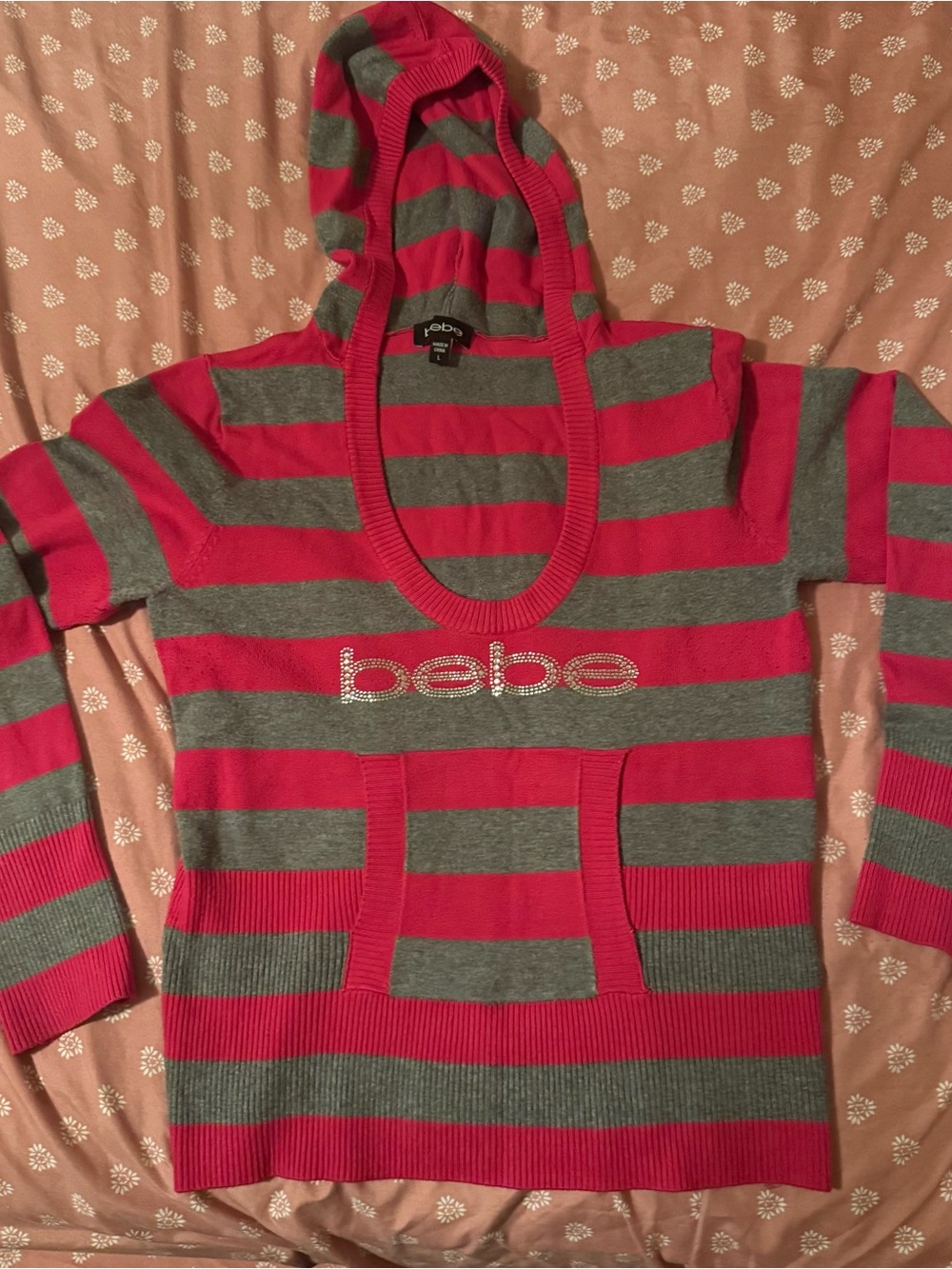 bebe Hooded Striped Sweater in Hot Pink and Gray